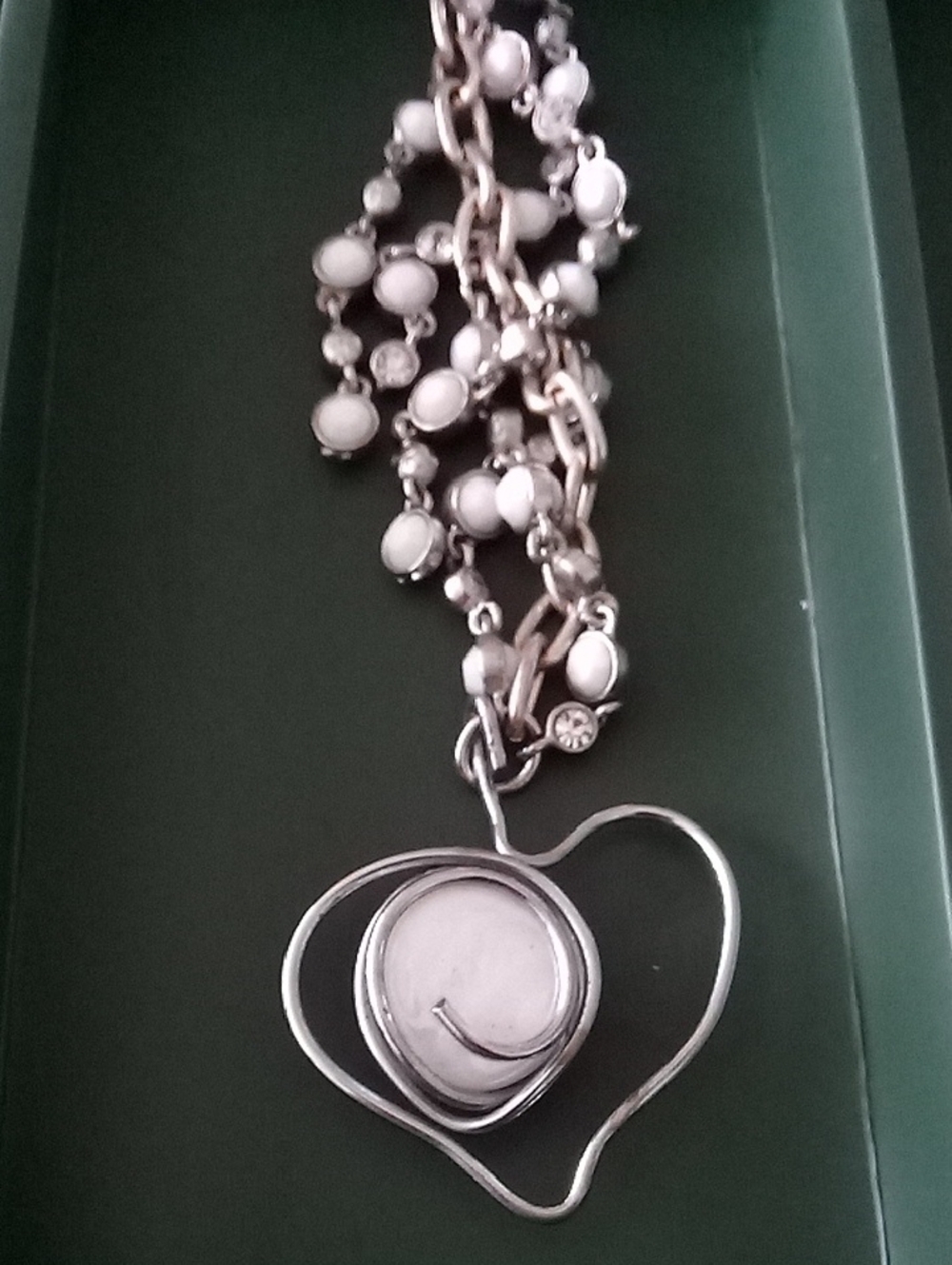 Silver Heart Pendant Bag Charm w White Accent Beads ..Made W Vintage Jewerly